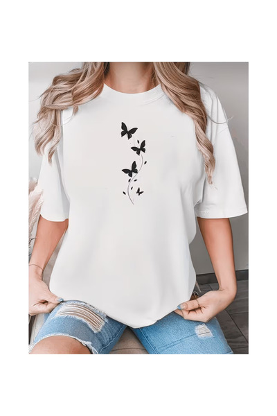 ANEMOS Wear Women's White Oversize Printed T-Shirt – Minimal Butterfly Patter...