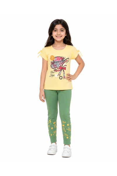 Generic Girls' T-Shirt and Leggings Set with Hat and Bow Print