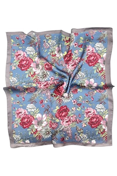 OEM Eșarfă de damă PEONY cu flori, Albastru/Roz, 70x70cm