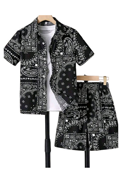 OEM Compleu baieti, negru cu imprimeu alb, camasa si pantaloni scurti, 7-8 an...