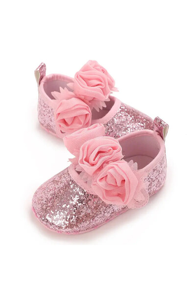 OEM Pantofi fetite, roz, cu sclipici, flori, 18 EU