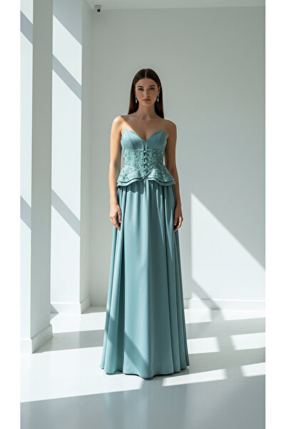 holie dress İŞLEMELİ KORSE DETAYLI KREP SATEN UZUN ABİYE ELBİSE