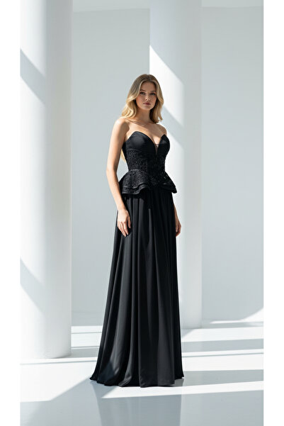 holie dress İŞLEMELİ KORSE DETAYLI KREP SATEN UZUN ABİYE ELBİSE