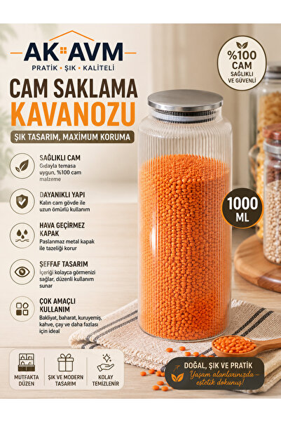 Ak Avm Metal Kapaklı Cam Saklama Kavanozu 1000 ML Vakumlu Erzak Bakliyat Kahv...