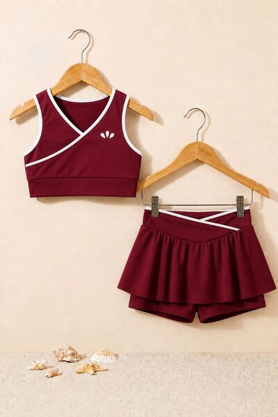 ZUZUNGA Girl's Sporty Burgundy Color Crop Top - Shorts Skirt Bottom Top - Set