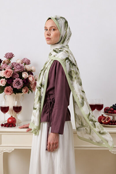 BONASERA EŞARP Luxurious French Silk Shawl with Powder and Burgundy Floral Pa...