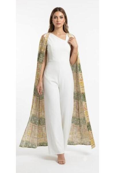 unbranded Women's White Elegant Jumpsuit with Printed Long Cape