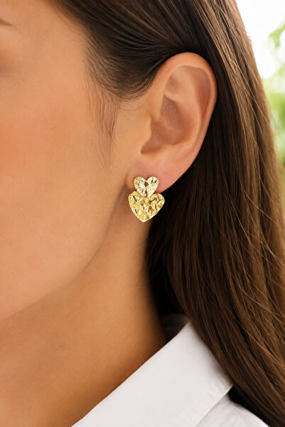 Tupek Store Gold Color Double Heart Patterned Steel Earrings – Textured Heart...