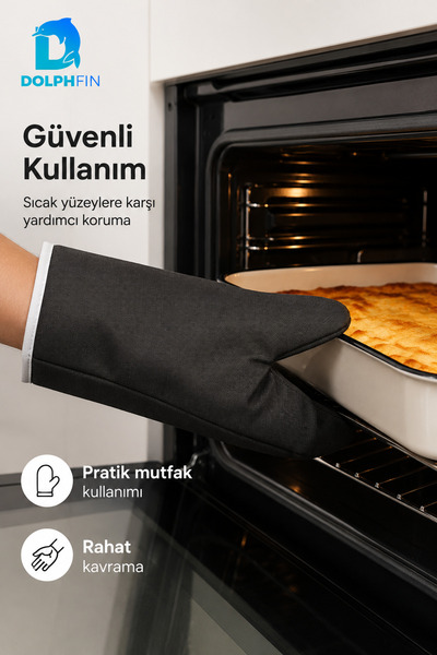DolphFin Heat Resistant Oven Glove Thick Fabric Tray Holder Black