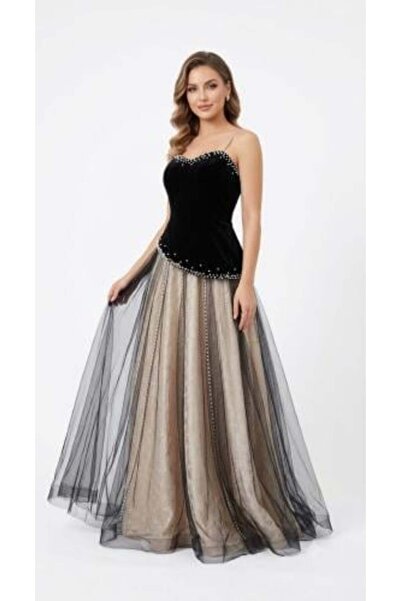 unbranded Women's Black Velvet Evening Gown with Champagne Tulle Maxi Skirt