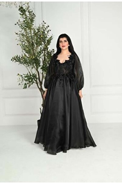vela Royal Black Evening Dress with Organza Puff Sleeves and 3D Floral Embell...