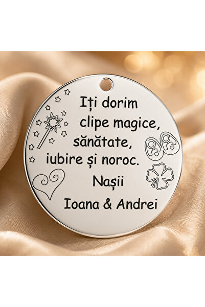 Simoshop Pandantiv Bănuț Botez din Argint 925 Personalizabil cu Numele Nașilo...