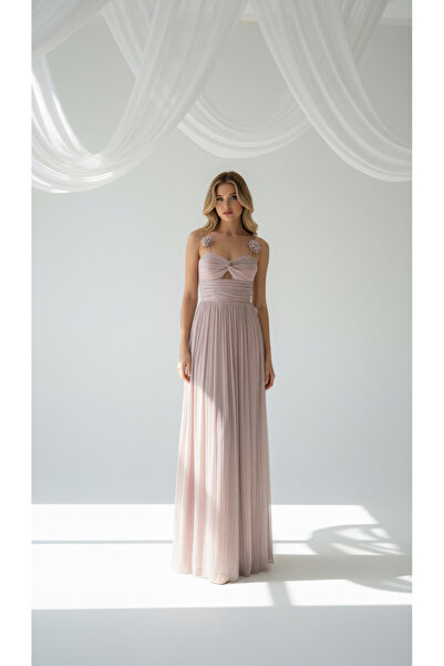 holie dress İP ASKILI ÇİÇEK APLİKELİ SİMLİ PLİSELİ A KESİM UZUN ABİYE ELBİSE