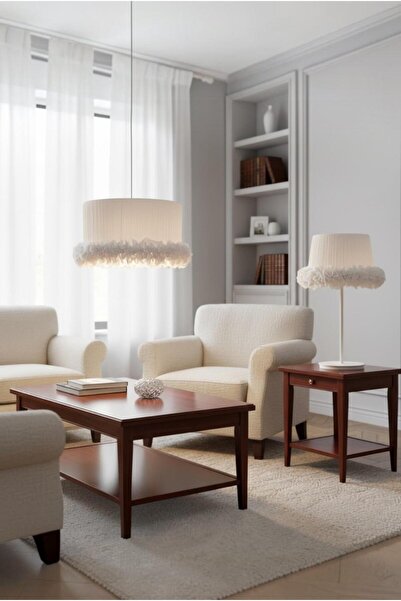 Elizim Home Lighting Tütü Fırfırlı Beyaz Dekoratif Avize Masa Lambası takım