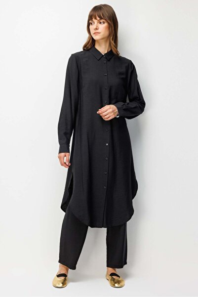 Micca %85 LyoCELL Goldy Marin Çizgi Ara Kumaş Garnili Pantalon Maxi Tunik Kom...