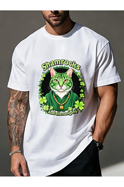 Ekim11 Shamrocks Shenanigans Green Cat St Patricks Day & Pet Men Round Neck S...