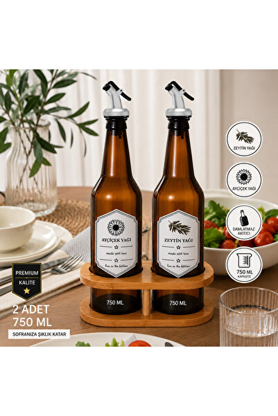 Global Bambu Stantlı Amber renkli 2'li 750 ml Zeytinyağı Sıvıyağ Şişesi yağda...