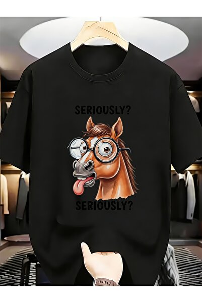 LİNA06 Seriously? Horse with Glasses Funny Unique Men Cotton Round Neck Short...