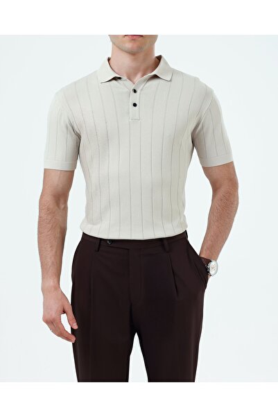 TerziAdemAltun Italian Style Slim Fit Polo Collar Knitwear T-Shirt Beige T13774