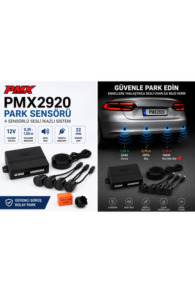 PMX PMX2920 4 Sensörlü Park Sensörü Seti 12V Soketli Sesli İkazlı 22 mm Siyah