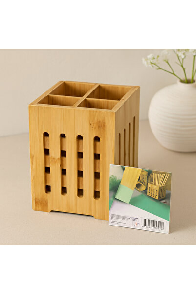 magicool Wooden Bamboo 4-Compartment Spoon Holder Organizer (11X11 Cm, with W...
