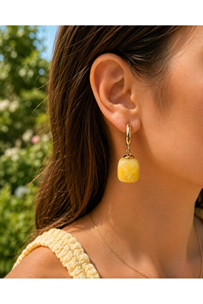 POYASE Yellow Marble Patterned Hoop Earrings Glossy Finish Daily Stylish Wome...
