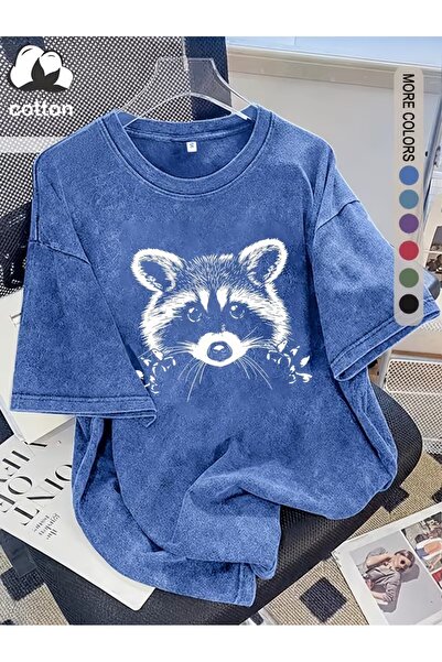 Toum Cute Raccoon Printed Washable Vintage Unisex Oversize T-Shirt