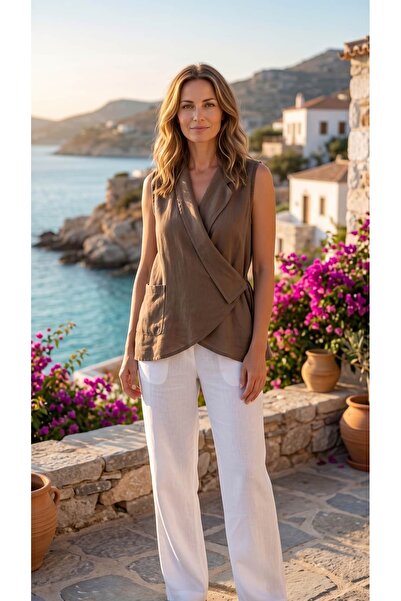 Punta Otantik Pts25080 Front-Tie Sleeveless Pocket Detailed Sita Blouse Brown