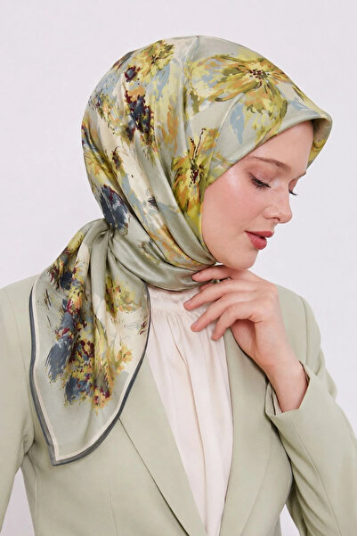 Lesscarves Cotton Silk Scarf Batik Patterned Ls2202 05-Tea Green-Yellow-Anthr...