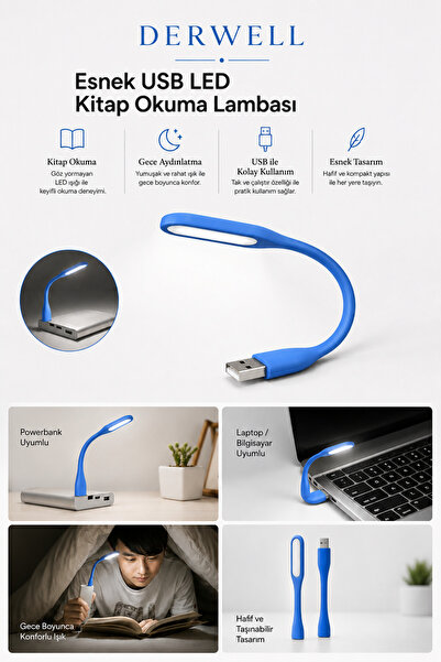 Derwell Esnek USB LED Kitap Okuma Lambası Taşınabilir Mini Masa Üstü Gece Lam...