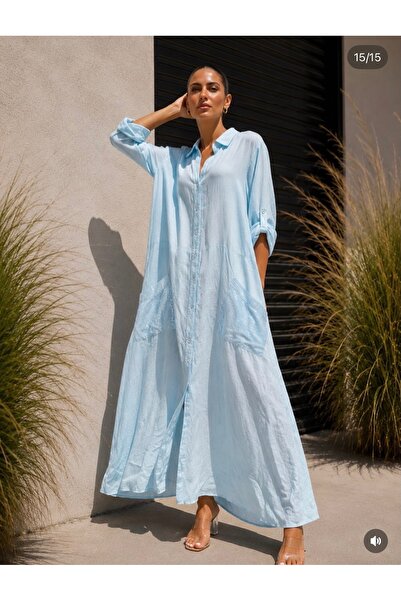 yusracollectionn Italian Linen Long Shirt Dress with Pockets Oversize Relaxed...