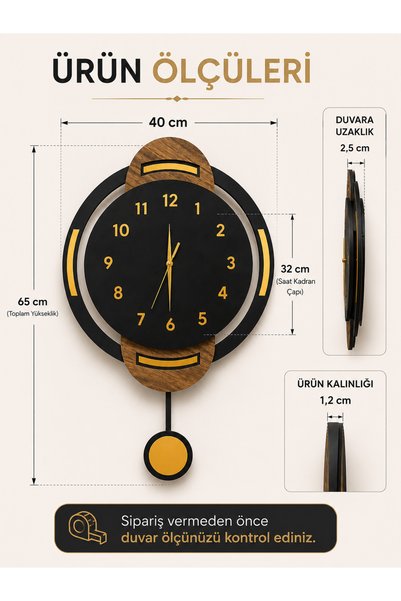 Nixar Desing Sessiz Mekanizmalı Sarkaçlı Duvar Saati 40x65 cm Siyah Gold Pleksi Ahşap MDF Saat