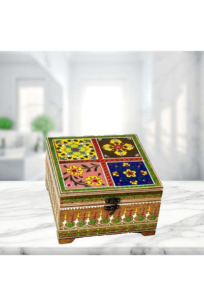 Al Athar Arts Wooden Jewelry Box With Ceramic Tiles (width 7 inches x depth 7 inches x height 4.75 inche)