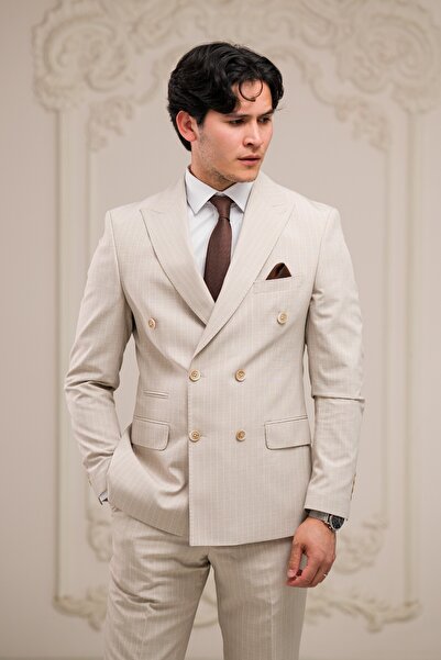 LUİGİ DİBERTİ Slimfit Italian Collar Lined 6 Drop Double Slit Striped Double ...