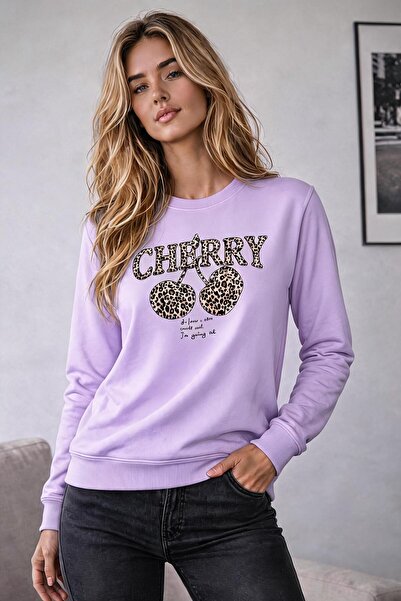 caddekombin Women's Leopard Cherry Cherry Printed Round Neck Long Sleeve Swea...