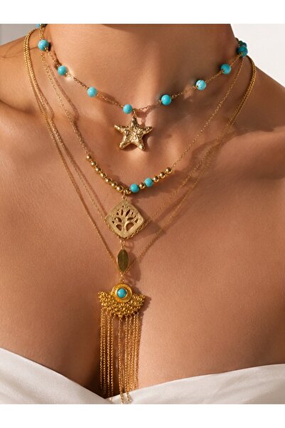 KAYANCLICK Layered Stainless Steel Necklace with Star and Turquoise Tassel