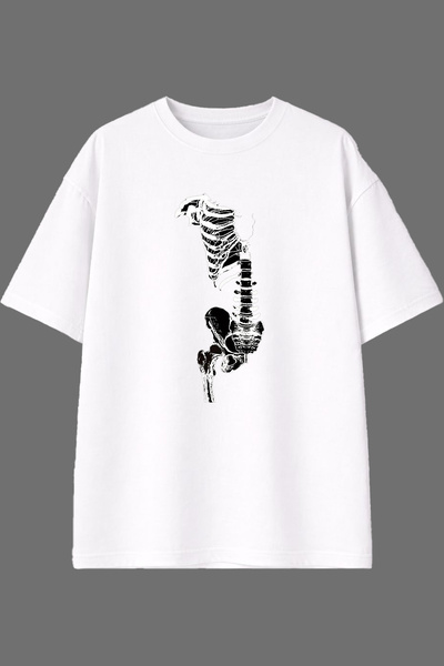 VSRN Tricou oversize alb cu imprimeu frontal cu design schelet