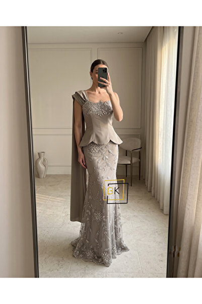 Generic One-Shoulder Draped Corset Peplum Evening Gown with Crystal Floral Ap...