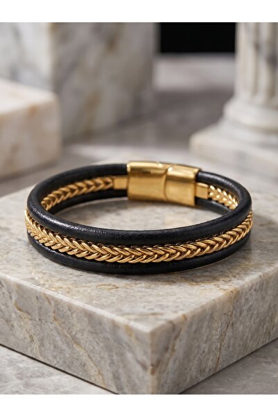 Parmas Design Herringbone Steel Chain and Leather Men's Masculine Gift Bracel...