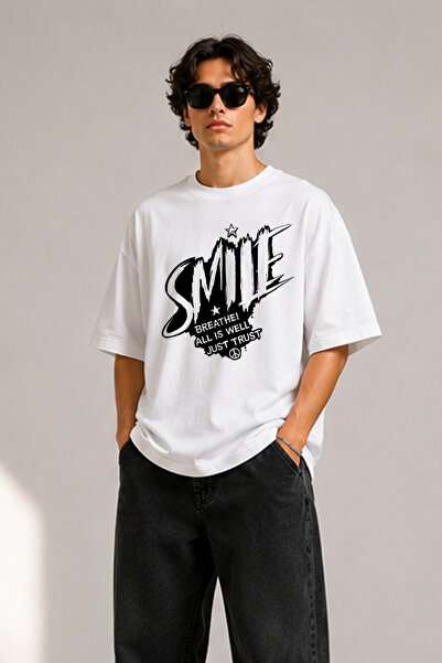 BAGAND Premium T-Shirt Smile Breathe All Is Well Just Trust Printed Oversize ...