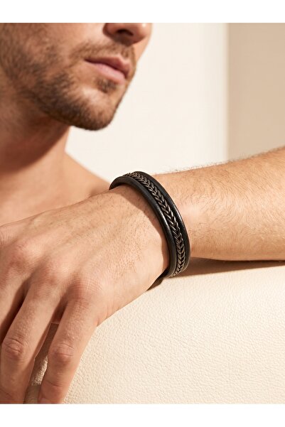 Parmas Design Herringbone Steel Chain and Leather Men's Masculine Gift Bracel...
