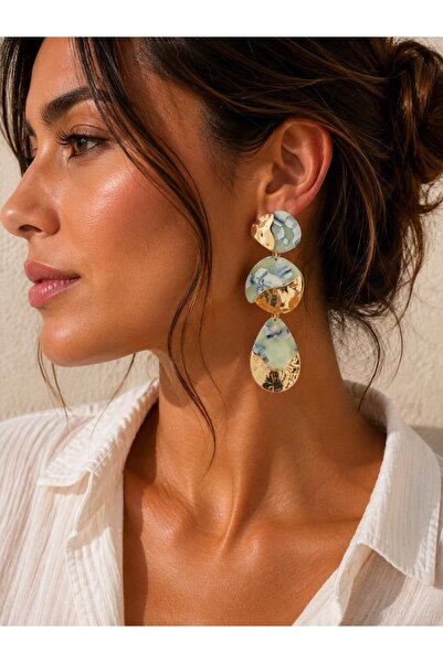 Kutcha Accessories Mermer Desenli Altın Kaplama Sallantılı Kadın Küpe