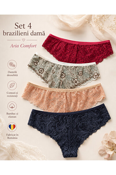 Aria Comfort Σετ 4 Βραζιλιάνικα Σλιπ με Δαντέλα – Βαμβακερά, (Κόκκινο, Πράσιν...