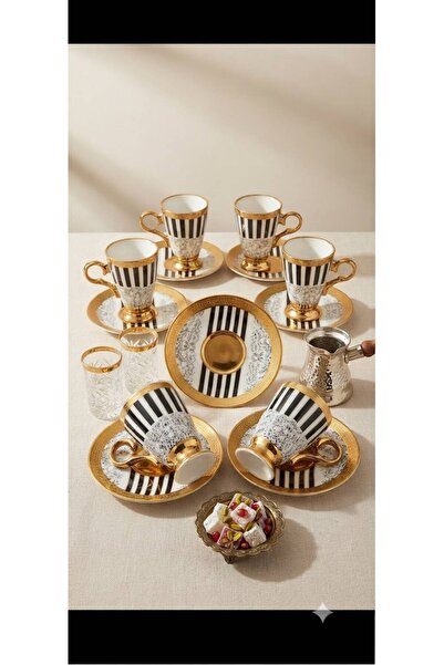 DecoZel "Black & Gold Elegance: Özel Tasarım 6 Kişilik Kahve Fincan Takımı" G...