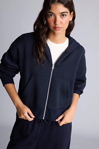 DeFacto Regular Fit Hooded Thick Zippered Navy Blue Basic Sweatshirt I2412Ax26Au