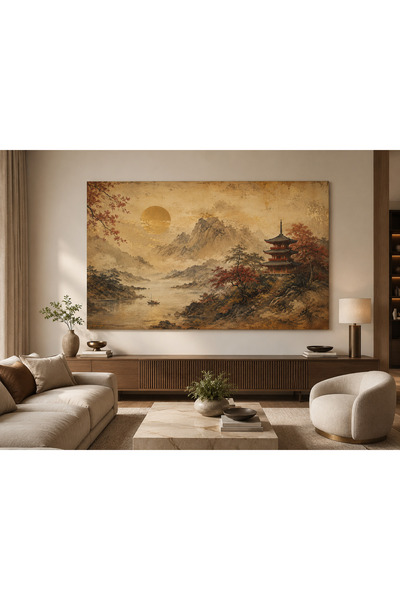 FTRMALZEMECİM Premium Altın Güneşli Japon Tapınağı Kanvas Tablo – Dağ ve Göl ...