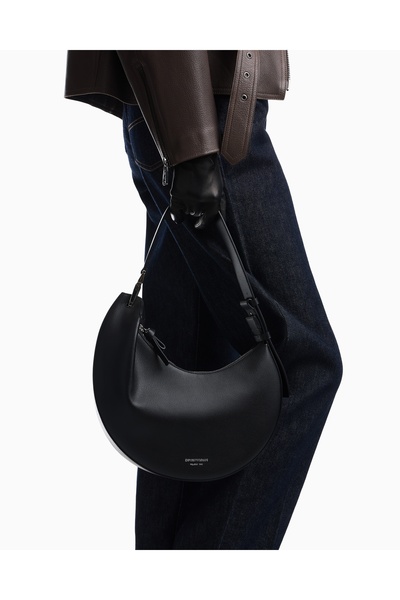 Emporio Armani Kadın Kalın Kısa Kulp Deri Fermuar Kapama Siyah Omuz Çantası