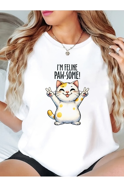 01THEONE Women's Cute "I'm Feline Pawsome!" Graphic Tee Soft Everyday Shirt w...