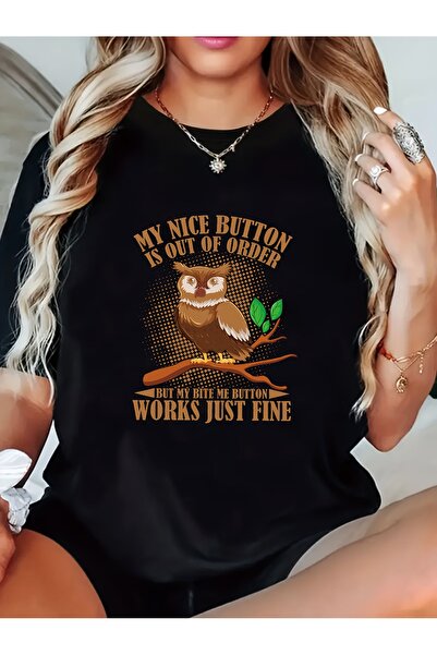 01THEONE Women'S Graphic T-Shirt - "My Nice Button is of Owl" Print, Black Sh...