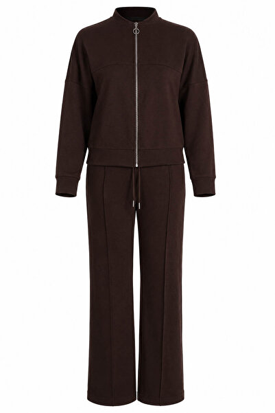 trender College Collar Brown Women's Top and Bottom Set 2371